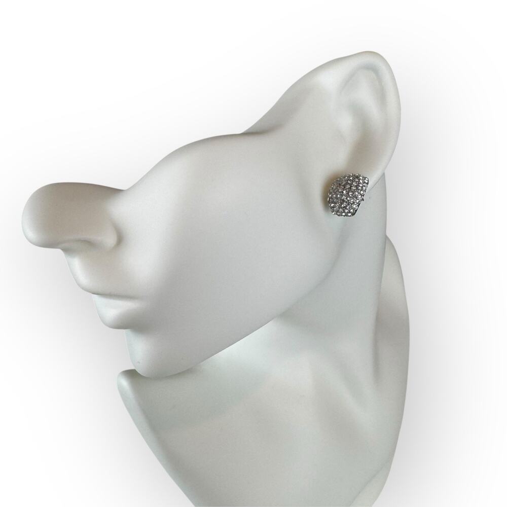 Vintage Silver-Tone Rhinestone‎ Pave Huggie Earrings 0.5" Statement Studs